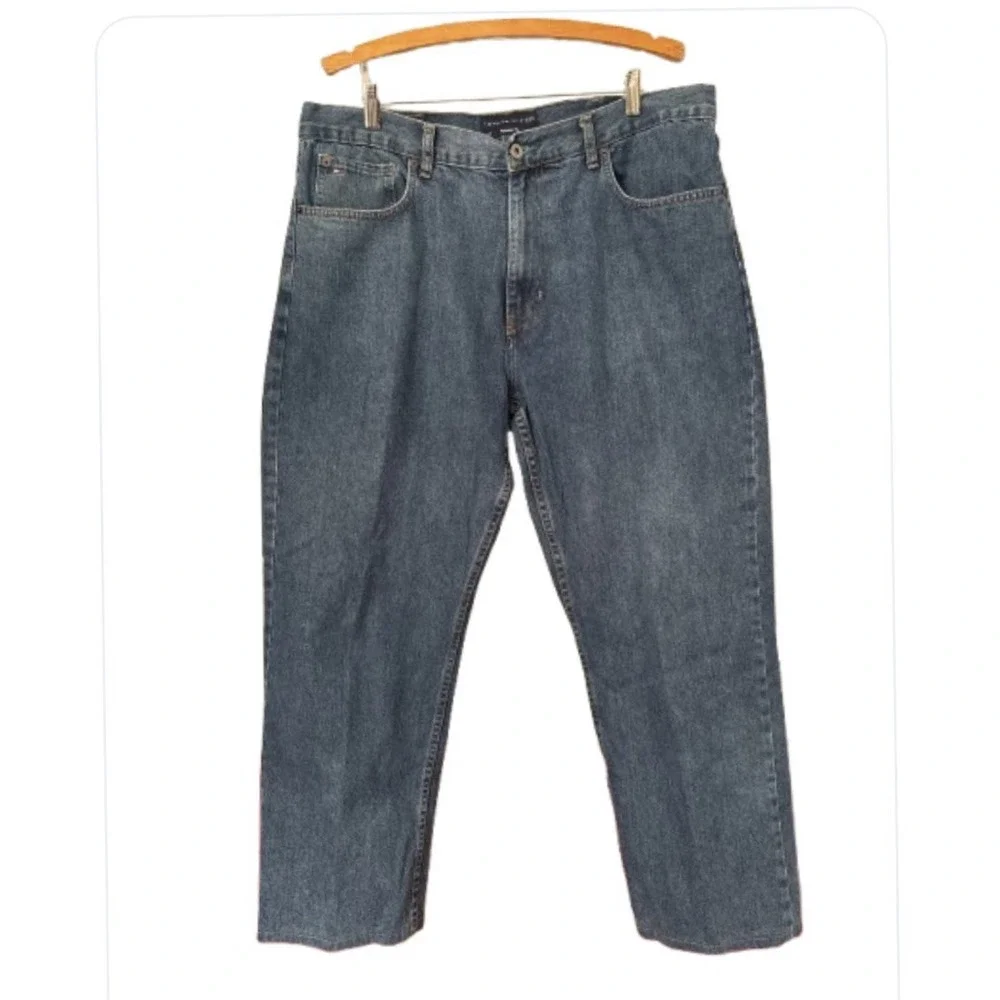 Vintage 90s Tommy Hilfiger Mens 38x30 Spell Out Faded Relaxed Fit Wide Leg Jeans